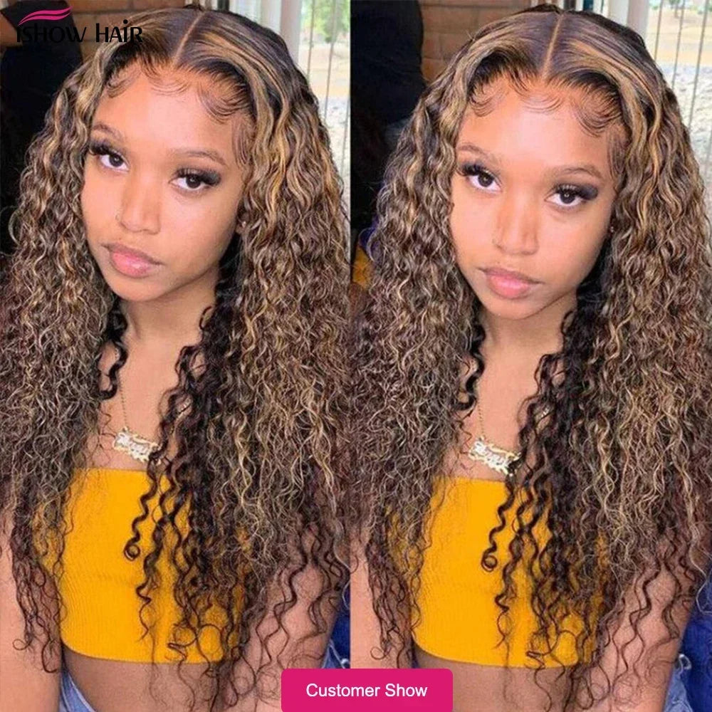 Ishow Kinky Curly Highlight Wig Human Hair Transparent 13x4 Lace Front Human Hair Wigs Pre Plucked P4 27 Colored Wig