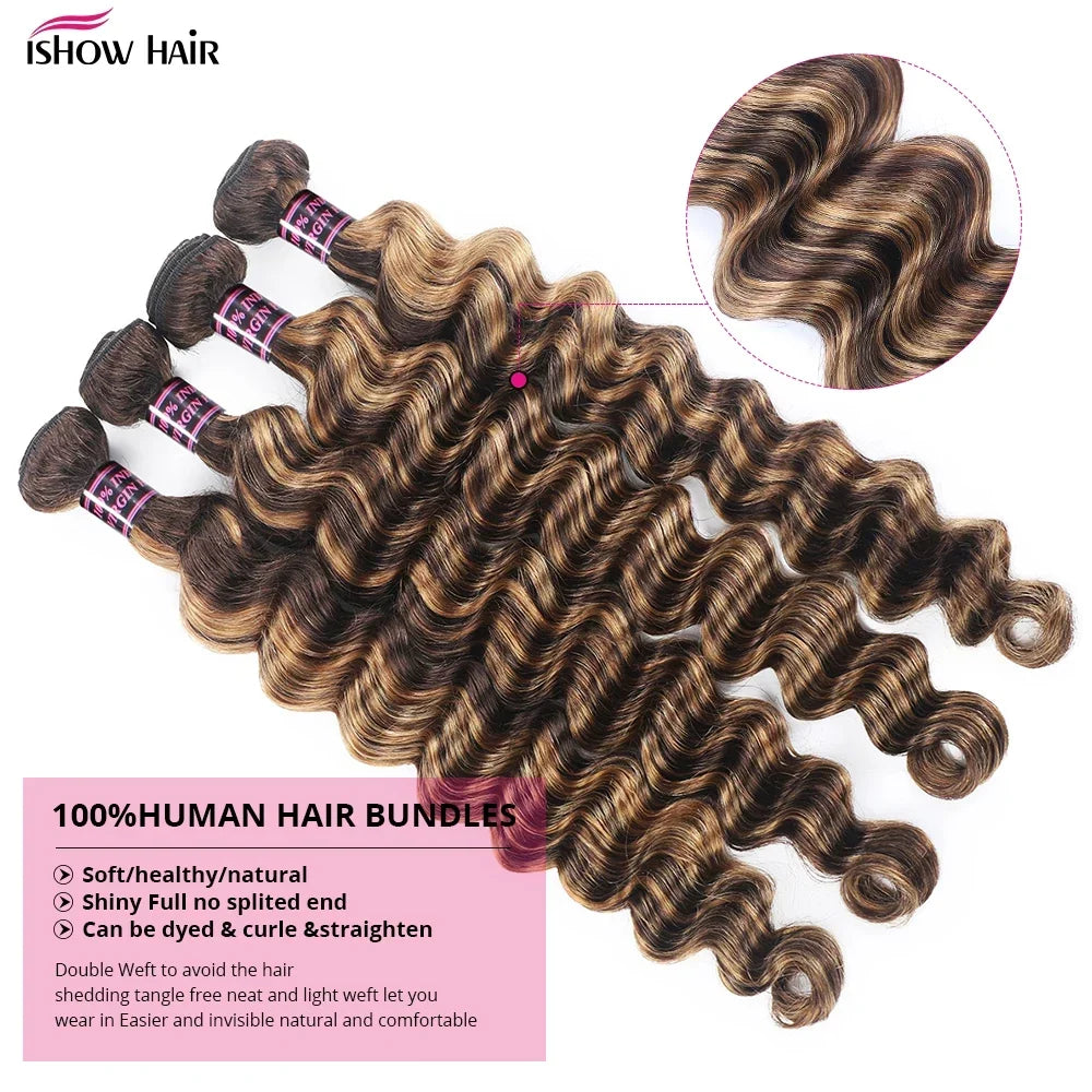Ishow Brazilian Highlight Loose Deep Wave Bundles 4/27 Honey Blonde Human Remy Hair Extensions 1 3 4 PCS Ombre Hair For Women