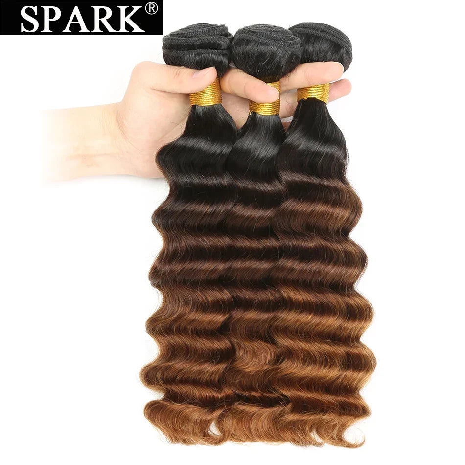 Spark Brazilian Loose Deep Wave Bundles With Closure Ombre Hair Human Hair With Lace Closure Remy Hair Extension Medium  Ratio