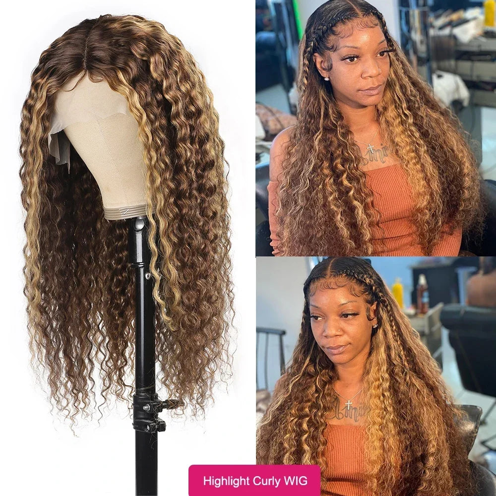 Ishow Kinky Curly Highlight Wig Human Hair Transparent 13x4 Lace Front Human Hair Wigs Pre Plucked P4 27 Colored Wig