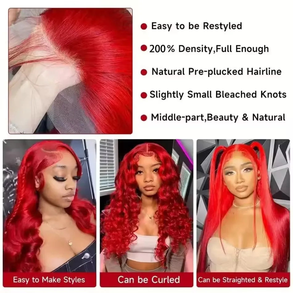 13x6 Lace Frontal Wig Hot Red Body Wave 30 40 Inch 13x6 Lace Front Human Hair Wigs Preplucked Red Colored 4x4 5x5 HD Transparent