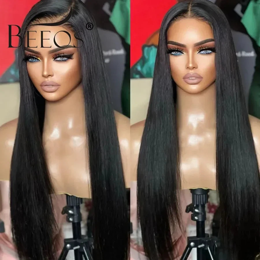 Yaki Straight Invisi-Drawstring 360 HD Lace Frontal Human Hair Wigs Glueless Lace Front Wig 250% Density Natural Color 32 Inches