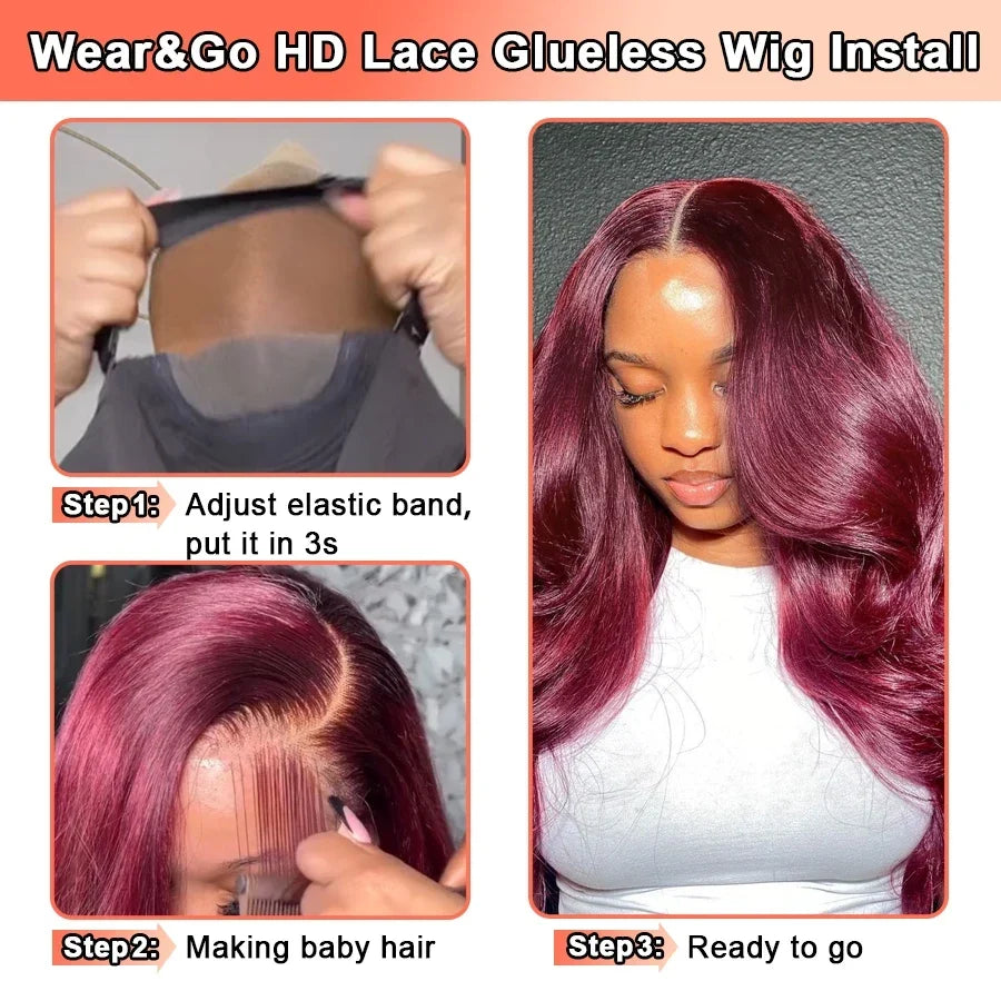 BEEOS Pre Cut 99j Red Glueless Wig Human Hair Ready To Wear Pre plucked Body Wave 36in 5x5 Lace Closure Pre Everything Burgundy