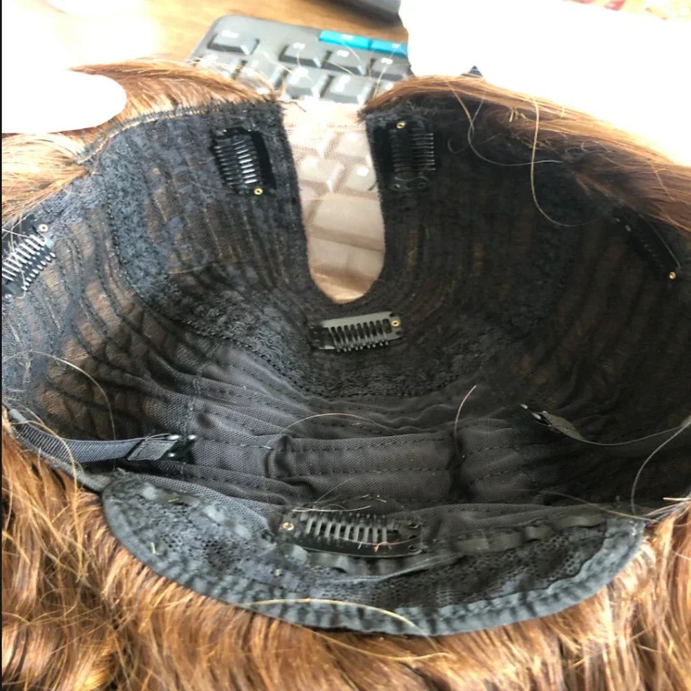 180Density Long Wavy U Part Wig Human Hair Glueless Brown Highlight Ash Blonde 2x4 Size V Part WIg 100%Remy Human Hair for Women