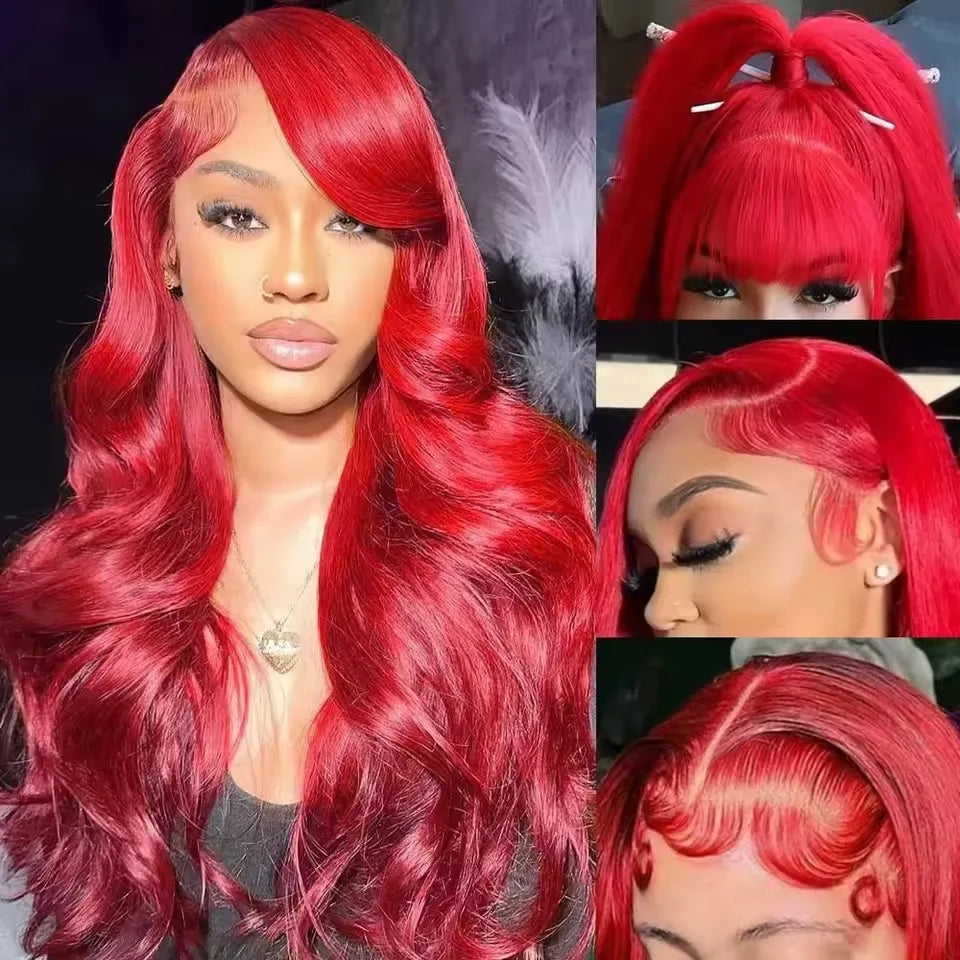 13x6 Lace Frontal Wig Hot Red Body Wave 30 40 Inch 13x6 Lace Front Human Hair Wigs Preplucked Red Colored 4x4 5x5 HD Transparent