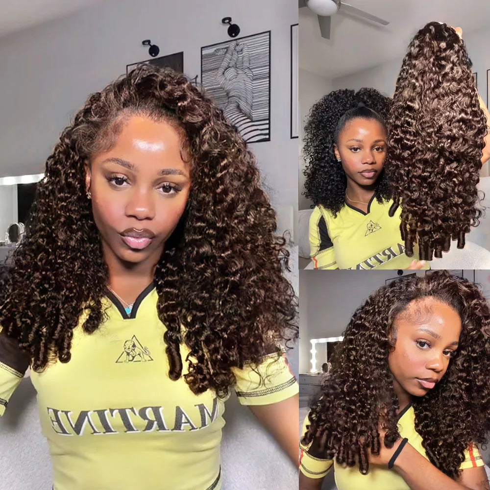 Chocolate Brown Burmese Curly Hair Half Glueless Wigs With Drawstring Human Hair 3 IN 1 Half Wigs Flip Over Deep Curly Half Wigs