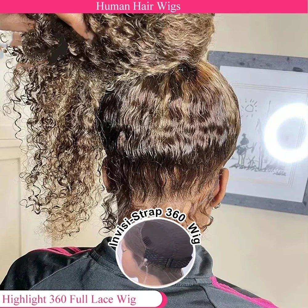 Highlight Invisible Strap HD 360 Full Lace Wig Drawstring Human Hair Wigs P4/27 360 Lace Front Wig Deep Curly Glueless Wig