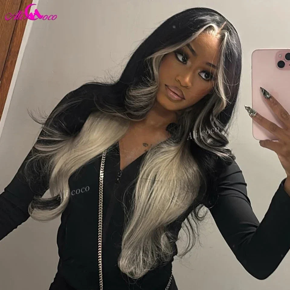 Ombre Natural Black with 613 Inside Colored Transparent Lace Front Human Hair Wig Highlight 613 Colored Pre Plucked Remy Hair