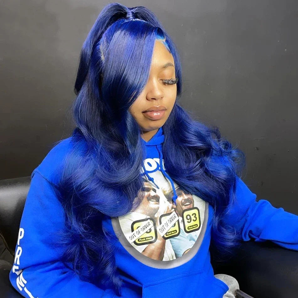 Sapphire Blue Lace Front Wig Body Wave Human Hair Wigs Dark Blue Color Transparent Pre Plucked Lace Frontal Wigs For Black Women