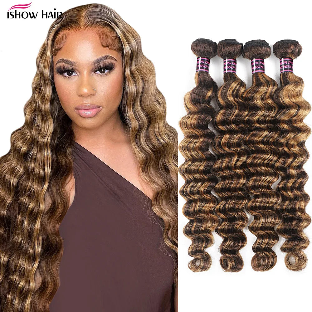 Ishow Brazilian Highlight Loose Deep Wave Bundles 4/27 Honey Blonde Human Remy Hair Extensions 1 3 4 PCS Ombre Hair For Women