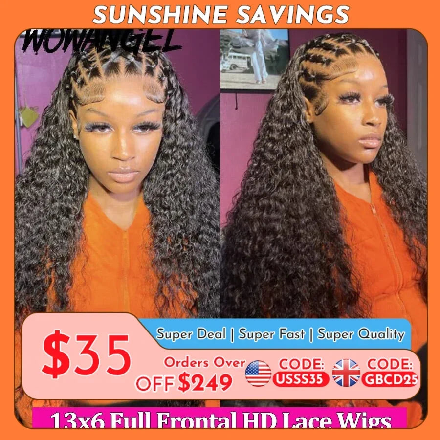Wow Angel 36inch Water Wave 13x6 Full Frontal HD Lace Wigs 250% Curly Wigs HD Lace Front Human Hair Wigs Melt Skins For Woman