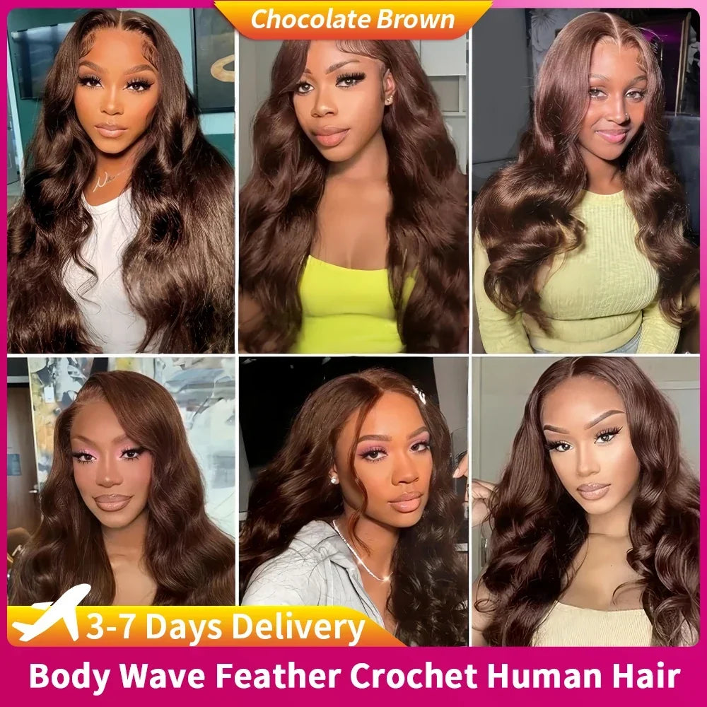 #4 Brown Highlight Human Crochet Hair With String Body Wave Invisible Pre Separated Knotless Crochet Hair Extensions For Braid