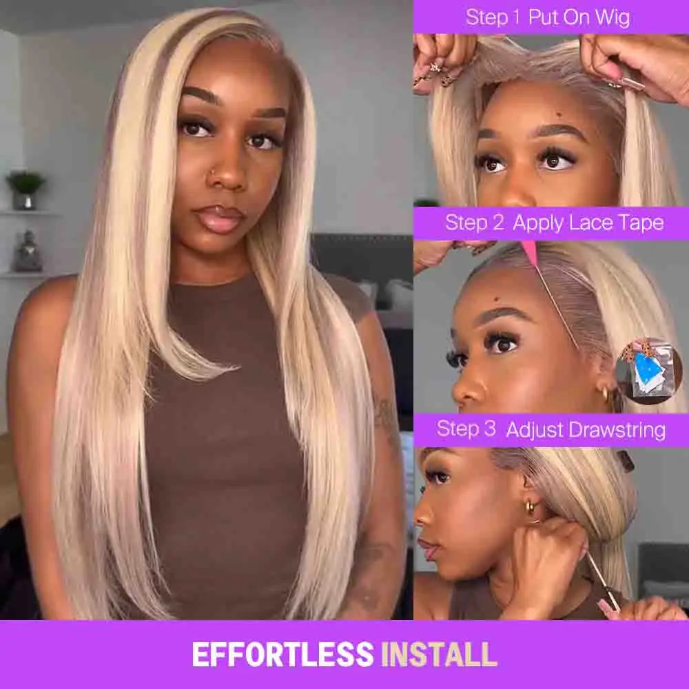 Megalook 13x6 Three-Go Blonde Highlight Glueless Wigs Silky Straight With Drawstring 100% Human Hair Wig