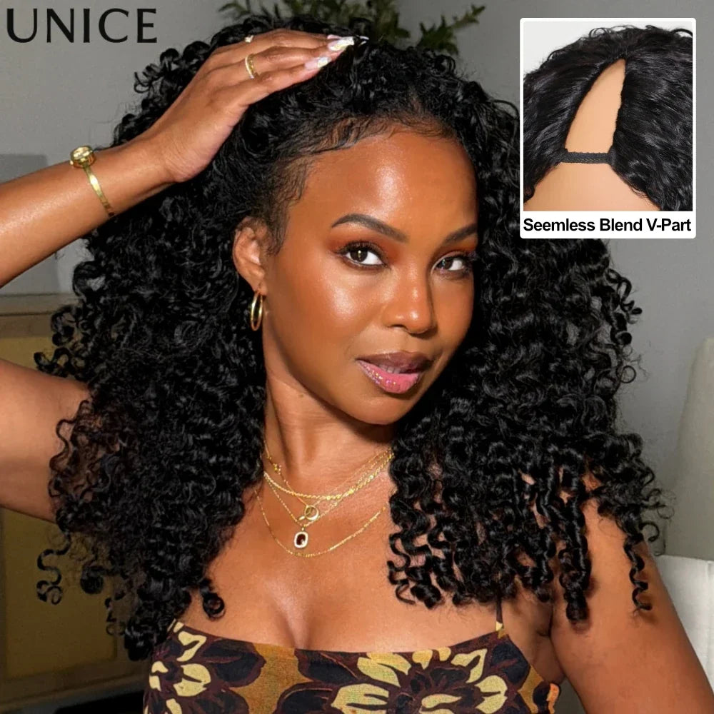 UNice Burmese Curly V Part Wig With Drawstring Clip-In Human Hair Wigs 180% Density No Glue Minimal Leave-out