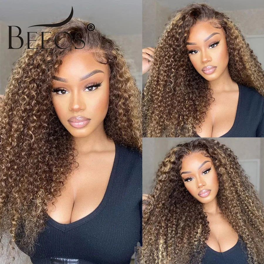 BEEOS 250% Highlight Wig Human Hair Curly 13x6 HD Lace Frontal Wig Water Wave Pre Plucked 5x5 HD Closure Wigs For Women Skinlike