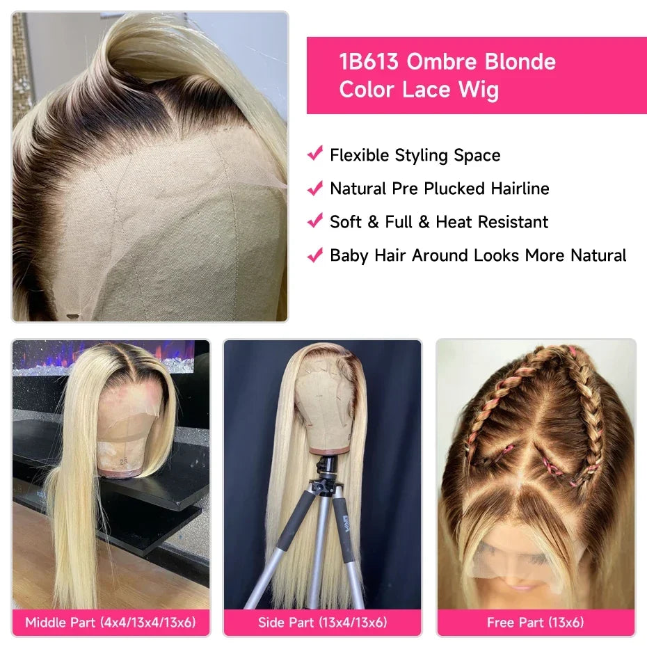 13x6 Lace Frontal Wig 1B 613 Ombre Blonde Full Lace Human Hair Wig Dark Roots Pre Plucked  Lace Front Human Hair Wigs for Women