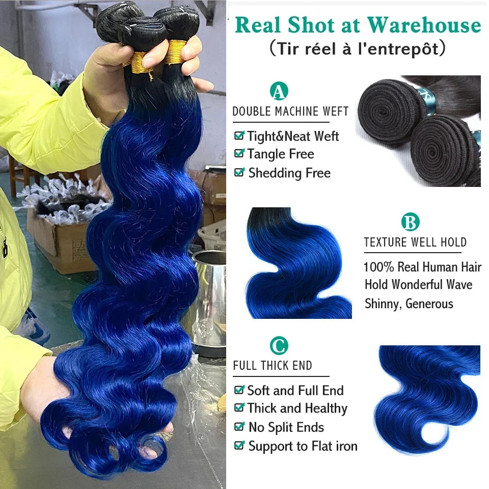 Ombre Blue Bundles With Frontal Pre Plucked Brazilian Body Wave 1B Blue Color Human Hair Weave 3 Bundles With 13x4 Lace Frontal