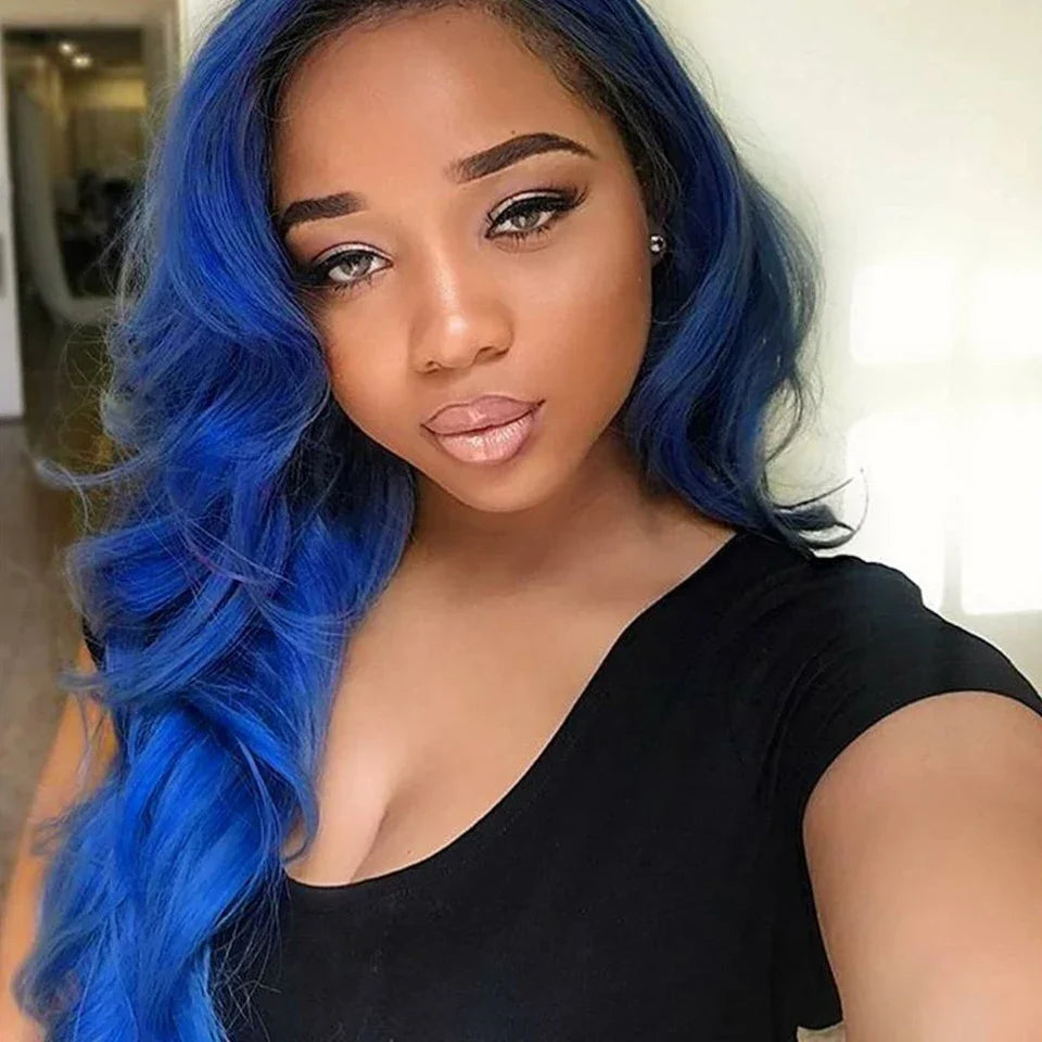 Ombre Blue Bundles With Frontal Pre Plucked Brazilian Body Wave 1B Blue Color Human Hair Weave 3 Bundles With 13x4 Lace Frontal
