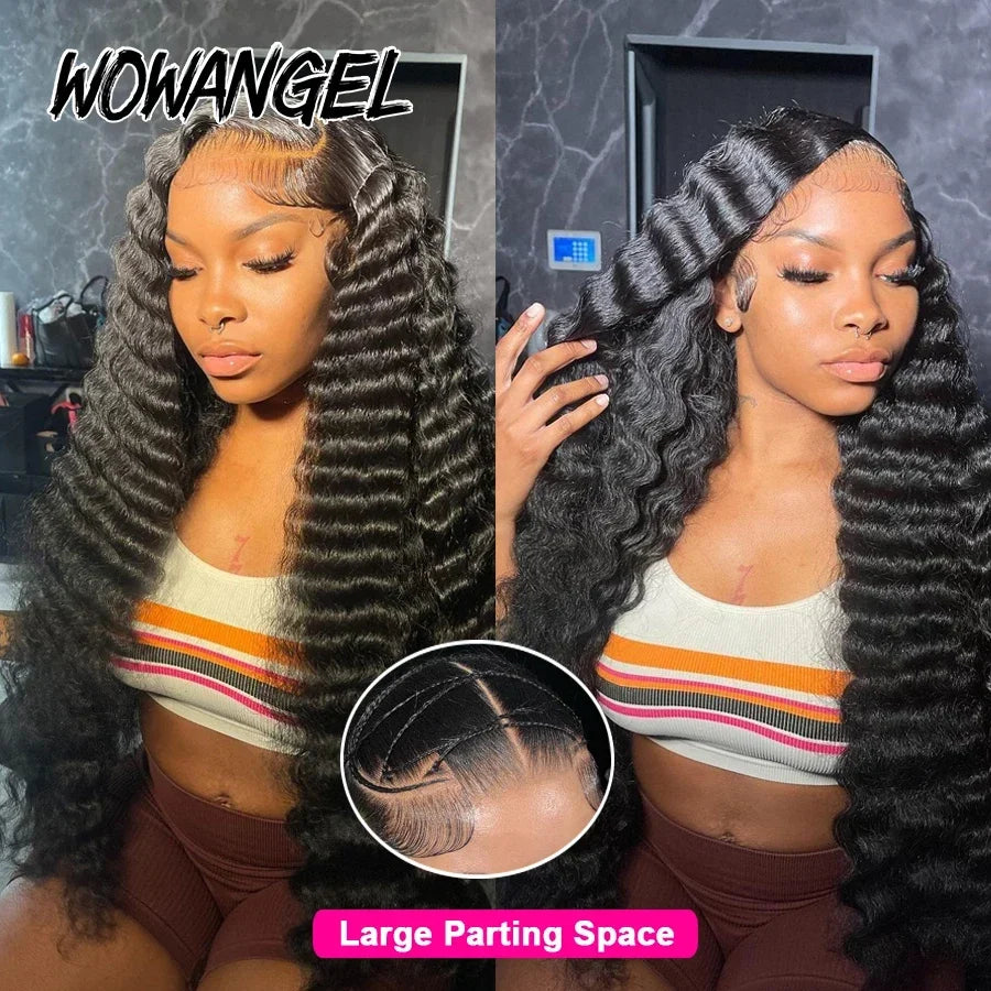 Wow Angel Deep Wave 13x6 HD Lace Frontal Wigs 250% Jet Black HD Lace Front Human Hair Wigs Skinlike Natural Hairline Remy hair