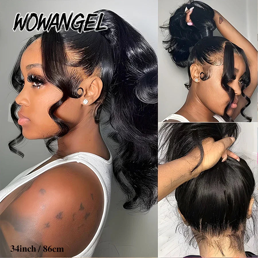 WOWANGEL Hidden Strap 360 Full Lace Frontal Wig Glueless Pre Everything Body Wave Lace Front Human Hair Wigs Invisi Drawstring
