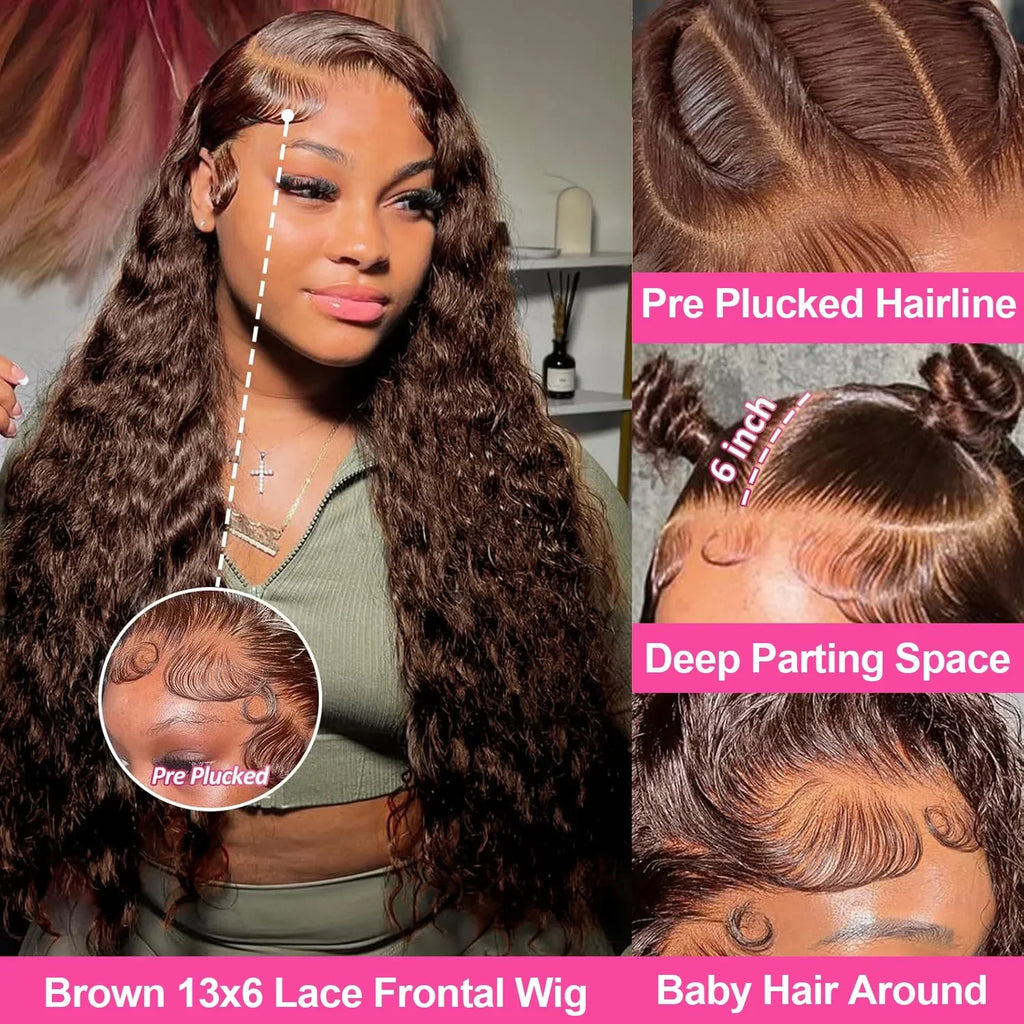 13x4 Chocolate Brown Water Curly Lace Front Wig #4 Colored Human Hair Wigs Pre Plucked Deep Wave 13x6 HD Lace Frontal Wigs 200%