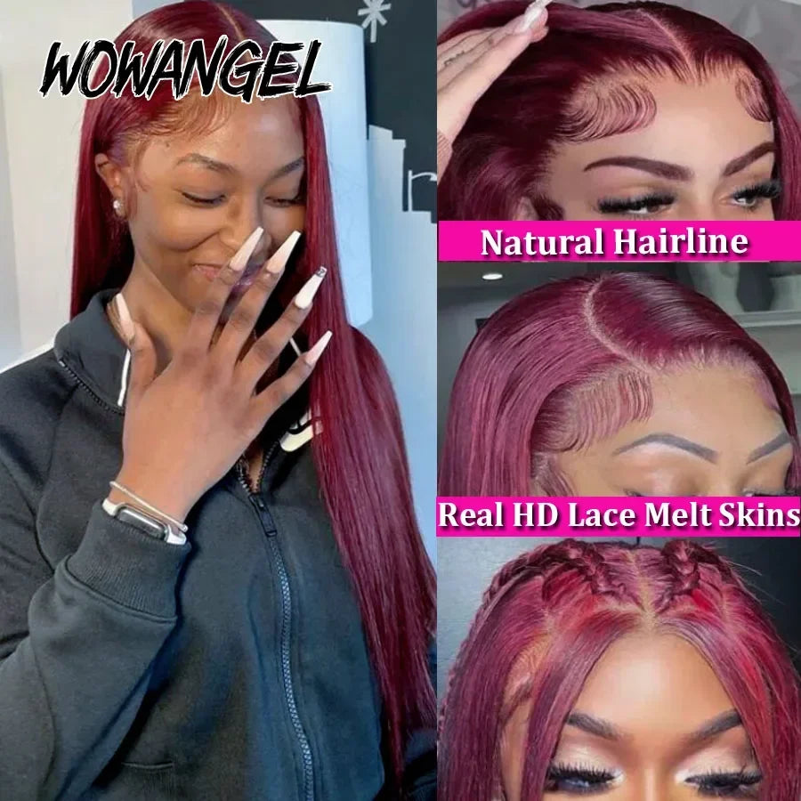 Pre Cut Lace Wig 99J Burgundy 13x6 HD Lace Frontal Human Hair Wig 30inch Straight Wigs Melt Skins 250% Red Colored Wig For Woman