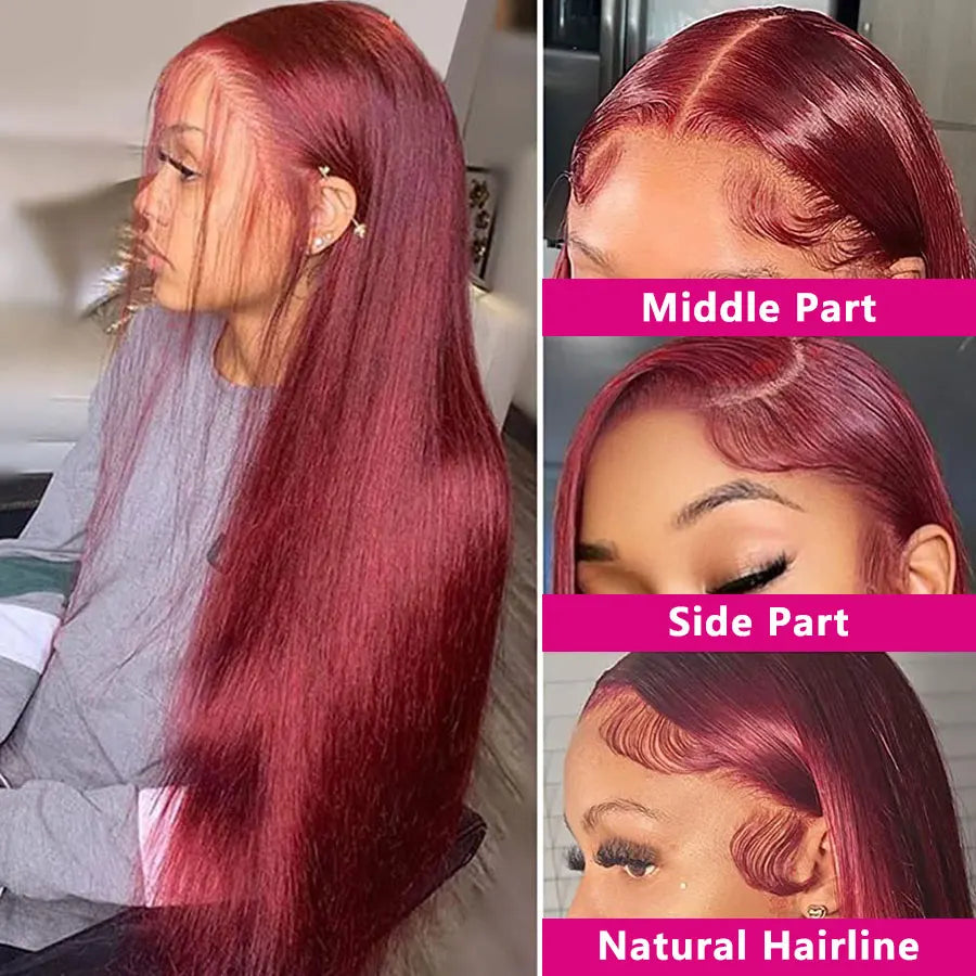 99J Burgundy Lace Front Wig 13x6 Brazilian Human Hair 13x4 Straight Red Colored Lace Frontal Human Hair Wigs Woman Pre Plucked
