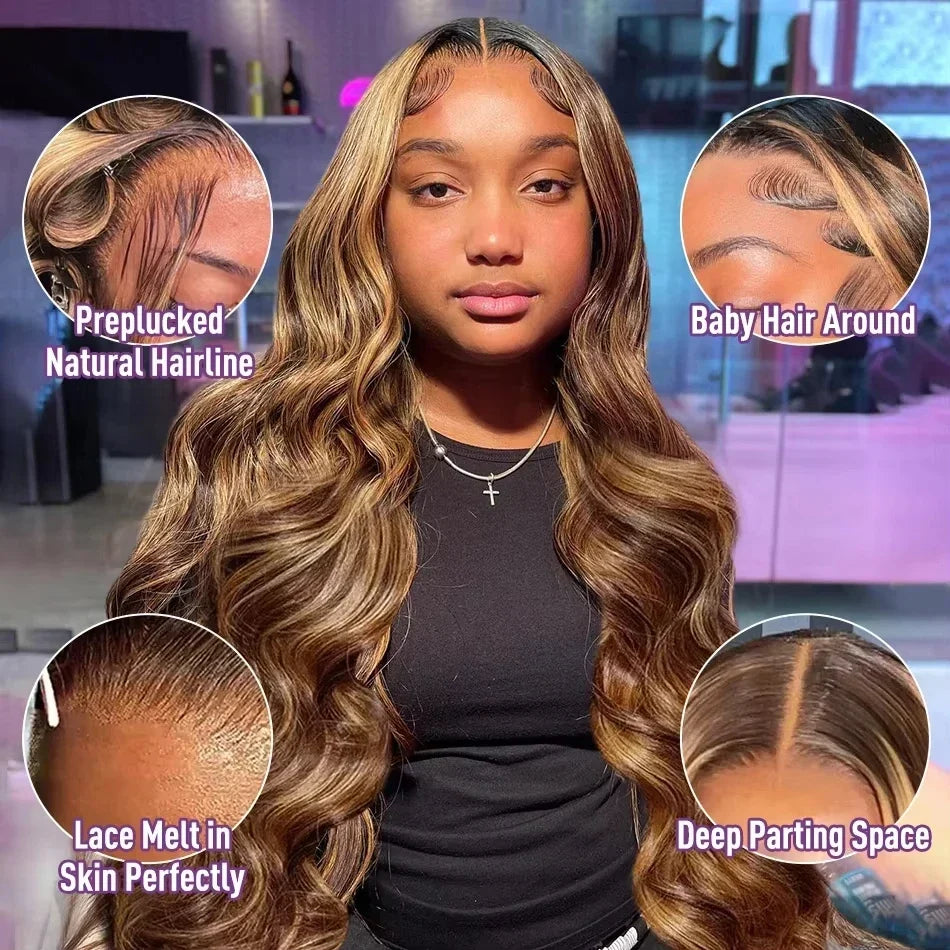 Body Wave 13x4 Hd Transparent Lace Front Wig Colored Highlight Human Hair Wigs For Women Brazilian 4/27 Blonde Pre Plucked Wigs