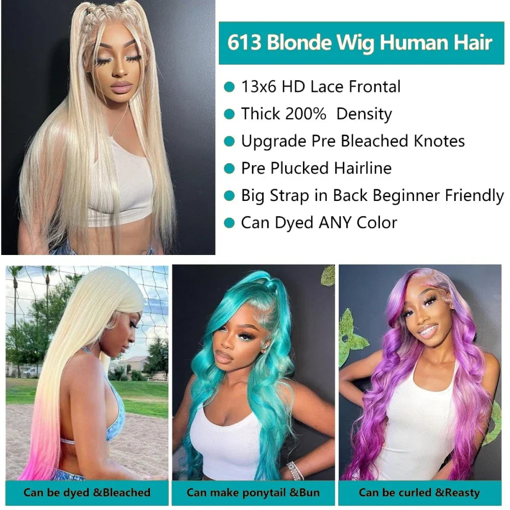 13x4 13x6 HD Transparent Full Lace Frontal Wigs 613 Blonde Colored Straight Human Hair Wig Lace Front Wigs For Women 46 Inches