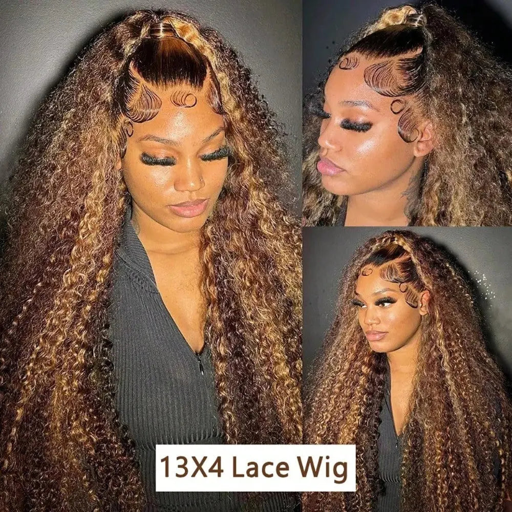 34 Inch 250 Density 13x4 Lace Front Brazilian Human Hair Wig Deep Wave Curly Highlight 4/27 Blonde Brown Natural Look For Women