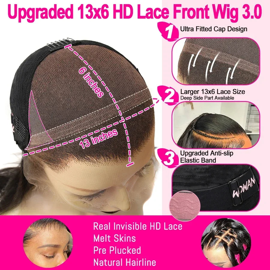 Wow Angel 13X6 HD Lace Frontal Human Hair Wigs 250% Highlight Body Wave Wigs Full Lace Wigs Melt Skins Ombre Colored Wigs