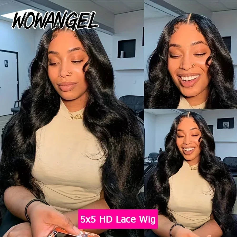 Wow Angel Glueless 250% Real HD Lace Closure Wigs 5X5 HD Closure Wig Wear & Go Body Wave Pre Plucked Human Hair Wigs For Women