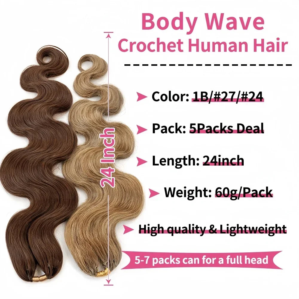 #4 Brown Highlight Human Crochet Hair With String Body Wave Invisible Pre Separated Knotless Crochet Hair Extensions For Braid