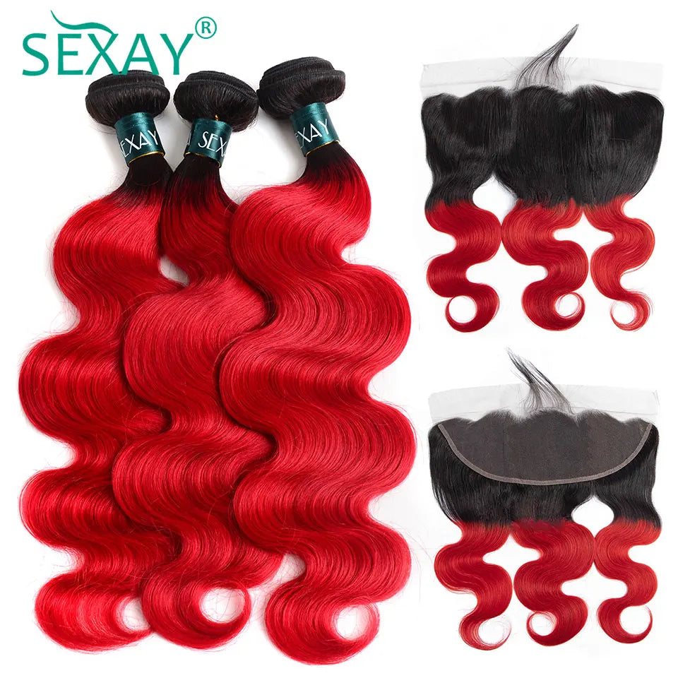 Ombre Blue Bundles With Frontal Pre Plucked Brazilian Body Wave 1B Blue Color Human Hair Weave 3 Bundles With 13x4 Lace Frontal