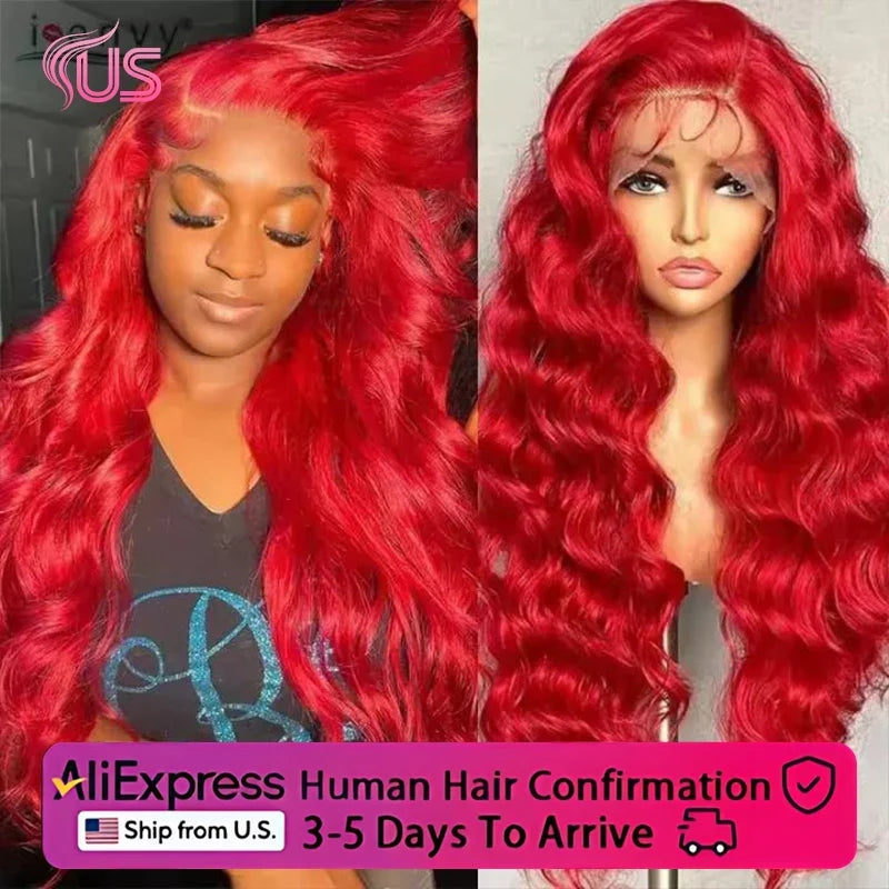 13x6 Lace Frontal Wig Hot Red Body Wave 30 40 Inch 13x6 Lace Front Human Hair Wigs Preplucked Red Colored 4x4 5x5 HD Transparent