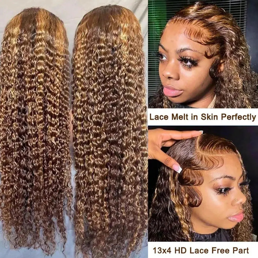 34 Inch 250 Density 13x4 Lace Front Brazilian Human Hair Wig Deep Wave Curly Highlight 4/27 Blonde Brown Natural Look For Women