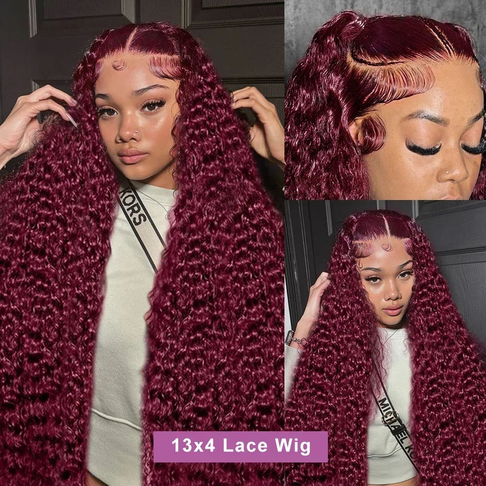 Links 40 Inch 99J Burgundy Deep Wave 13x6 HD Lace Front Wig 250% Red Colored Curly 13x4 Lace Frontal Human Hair Wigs For Women