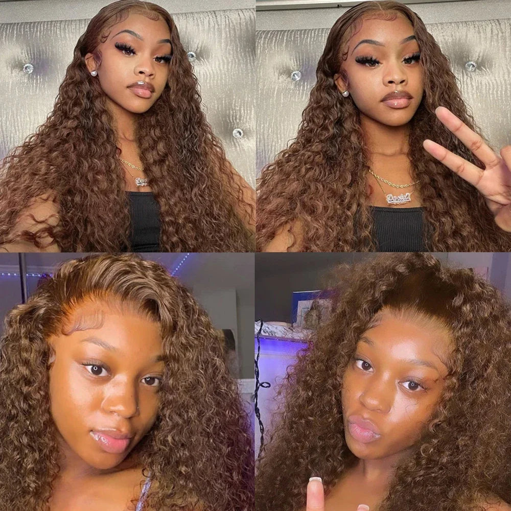 13x4 Chocolate Brown Water Curly Lace Front Wig #4 Colored Human Hair Wigs Pre Plucked Deep Wave 13x6 HD Lace Frontal Wigs 200%