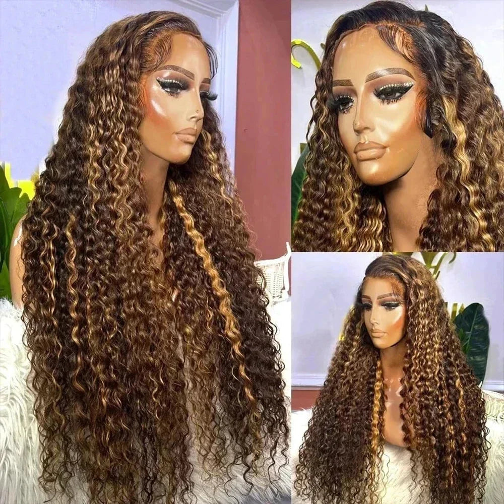 Highlight Invisible Strap HD 360 Full Lace Wig Drawstring Human Hair Wigs P4/27 360 Lace Front Wig Deep Curly Glueless Wig