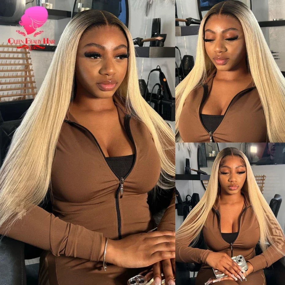 13x6 Lace Frontal Wig 1B 613 Ombre Blonde Full Lace Human Hair Wig Dark Roots Pre Plucked  Lace Front Human Hair Wigs for Women