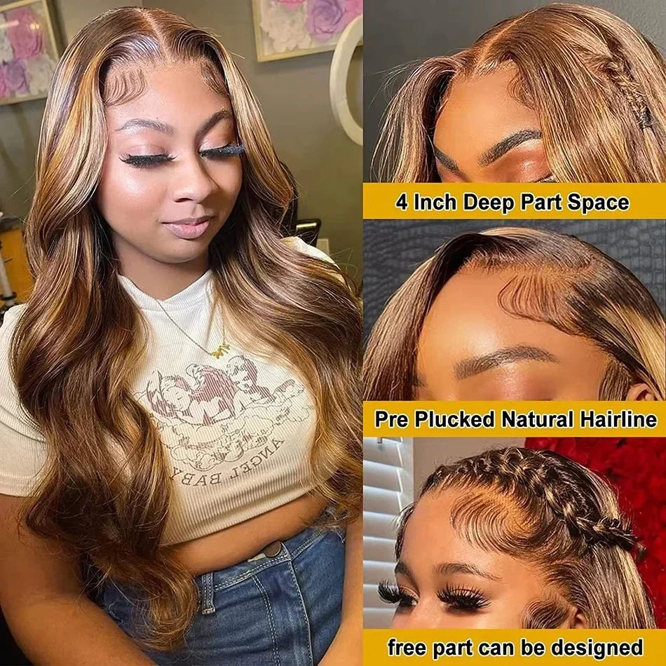 Body Wave 13x4 Hd Transparent Lace Front Wig Colored Highlight Human Hair Wigs For Women Brazilian 4/27 Blonde Pre Plucked Wigs