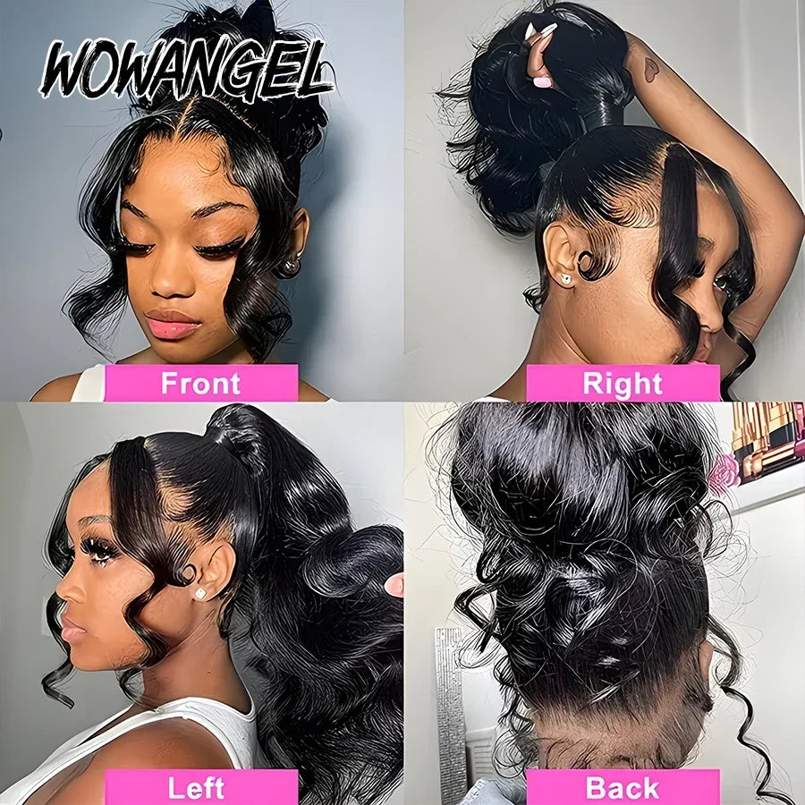 WOWANGEL Hidden Strap 360 Full Lace Frontal Wig Glueless Pre Everything Body Wave Lace Front Human Hair Wigs Invisi Drawstring