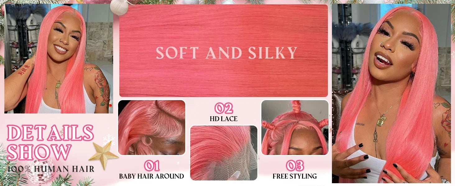 250% Density Light Pink Bone Straight Pink Human Hair Wig 30 Inch 13x6 HD Transparent Lace Frontal Wigs Real Human Hair