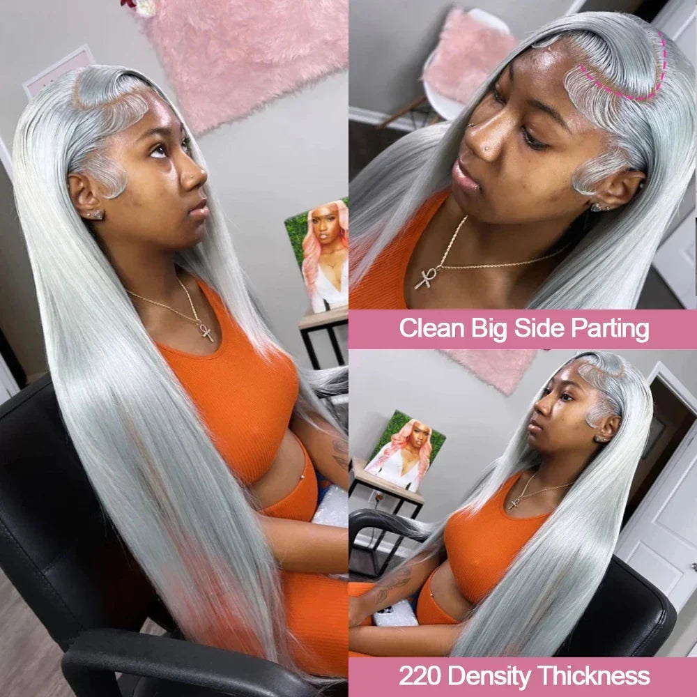 Silver Grey Straight Wigs Human Hair Vietnamese 220% Density 13x6 HD Lace Frontal Colored Wig 38 Pre Plucked With Baby Hairline