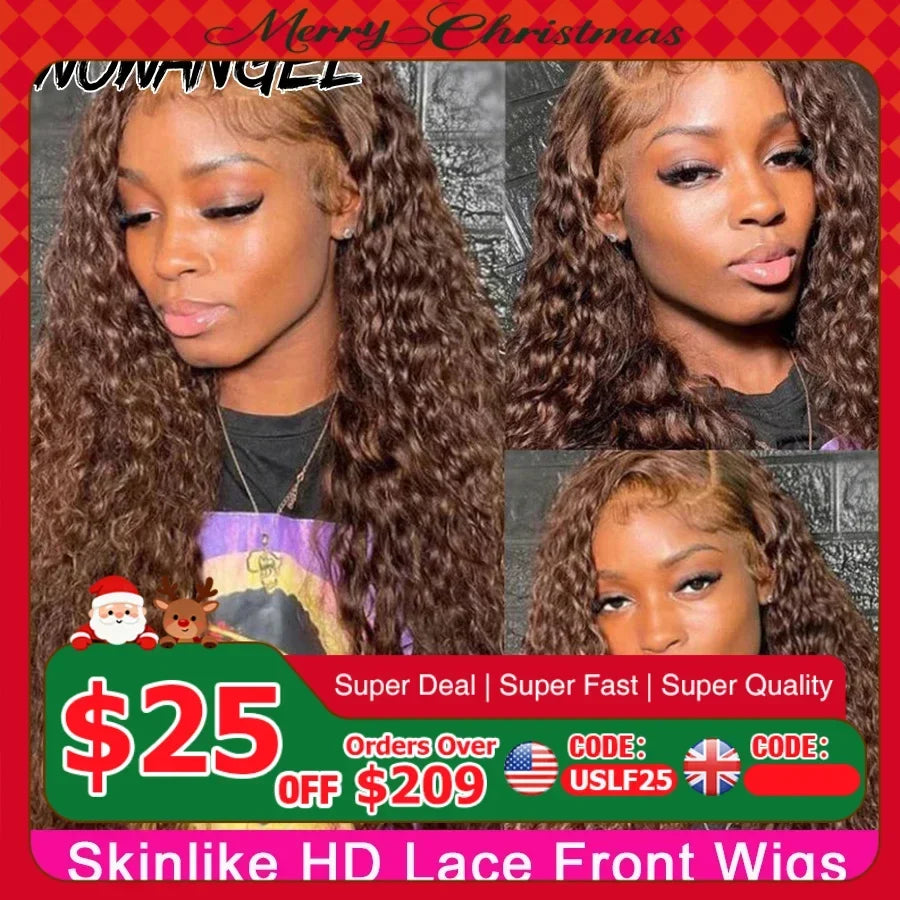 250% Chocolate Brown 13x6 HD Lace Front Human Hair Wigs 13x4 Full Frontal Water Wave Wig PrePlucked Undetectable Lace Curly Hair