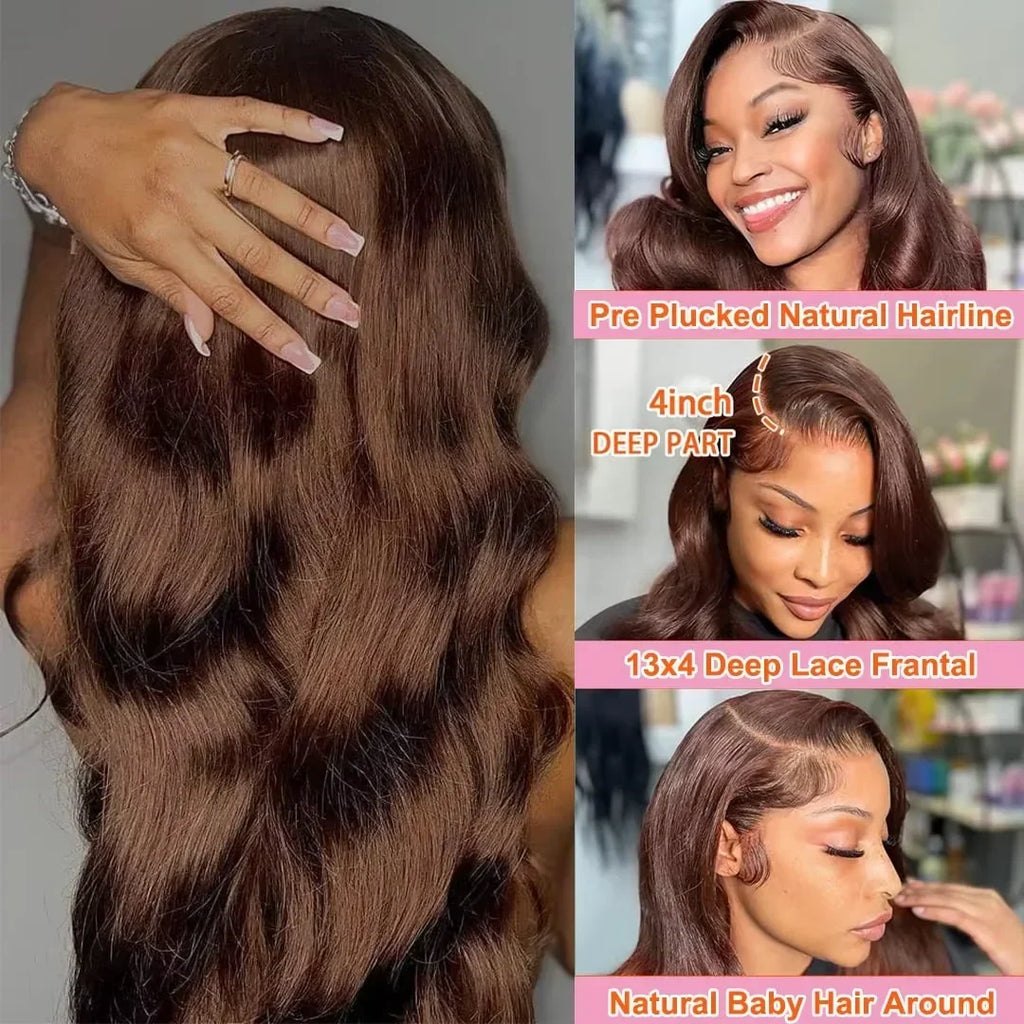 13x4 Chocolate Brown Lace Front Wigs 13x6 HD Transparent Lace Frontal Wig Colored Bleached Body Wave Human Hair Wigs For Women