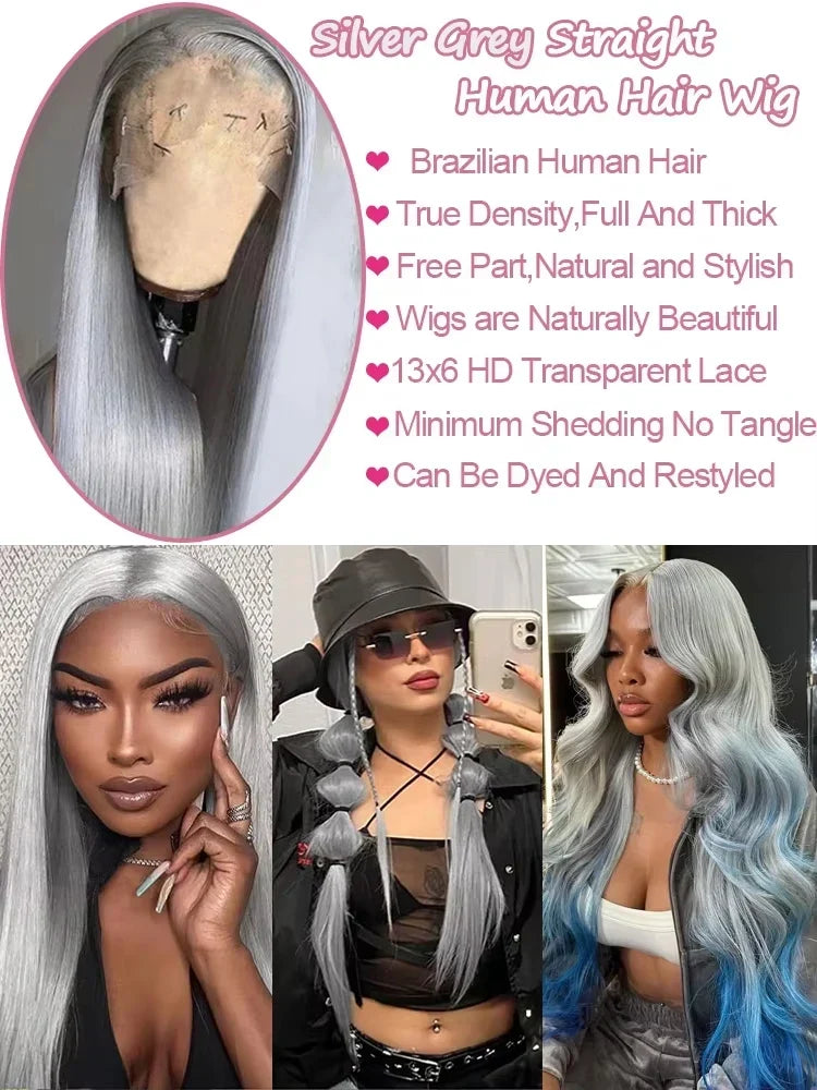 Silver Grey Straight Wigs Human Hair Vietnamese 220% Density 13x6 HD Lace Frontal Colored Wig 38 Pre Plucked With Baby Hairline