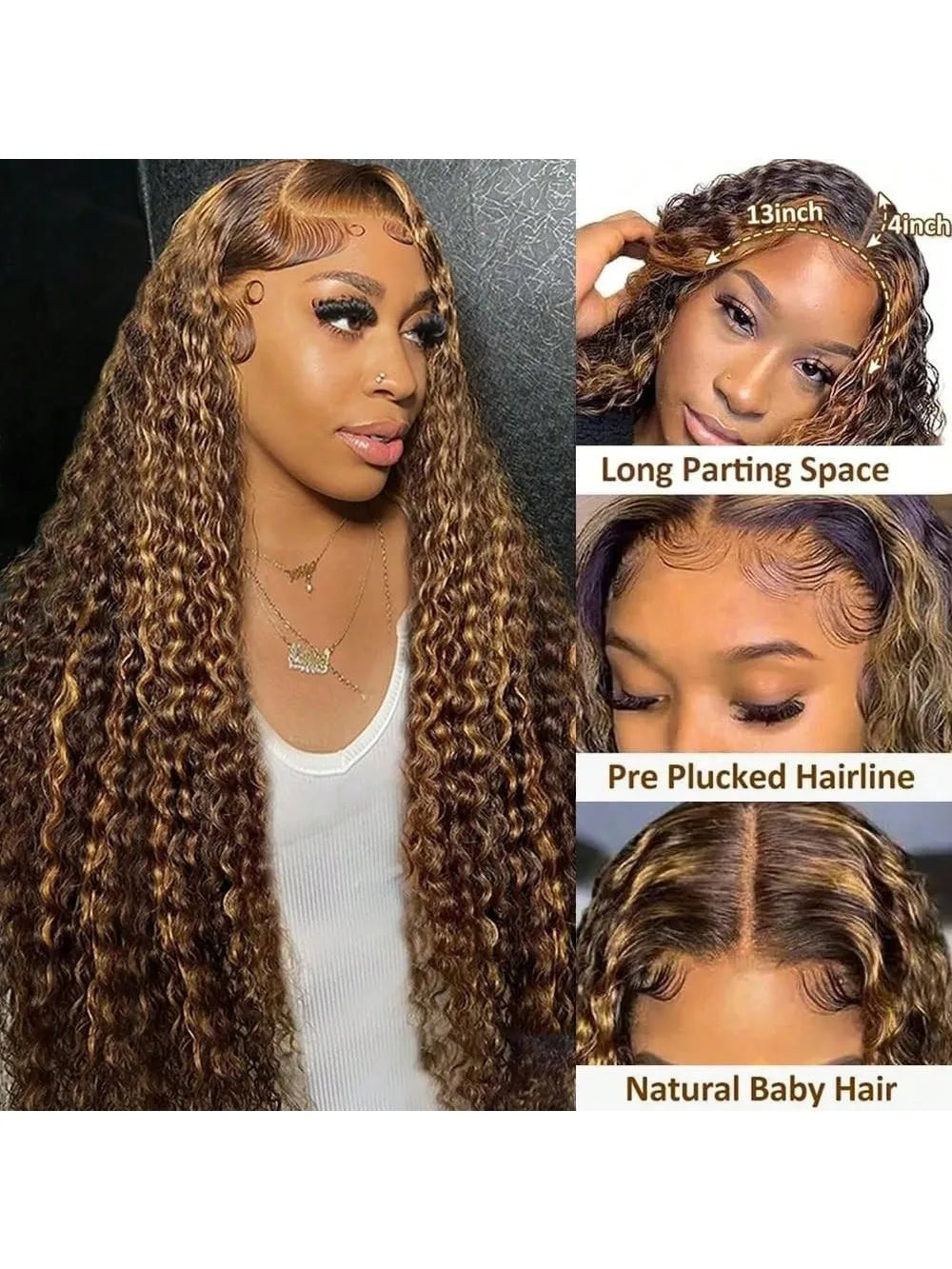 34 Inch 250 Density 13x4 Lace Front Brazilian Human Hair Wig Deep Wave Curly Highlight 4/27 Blonde Brown Natural Look For Women