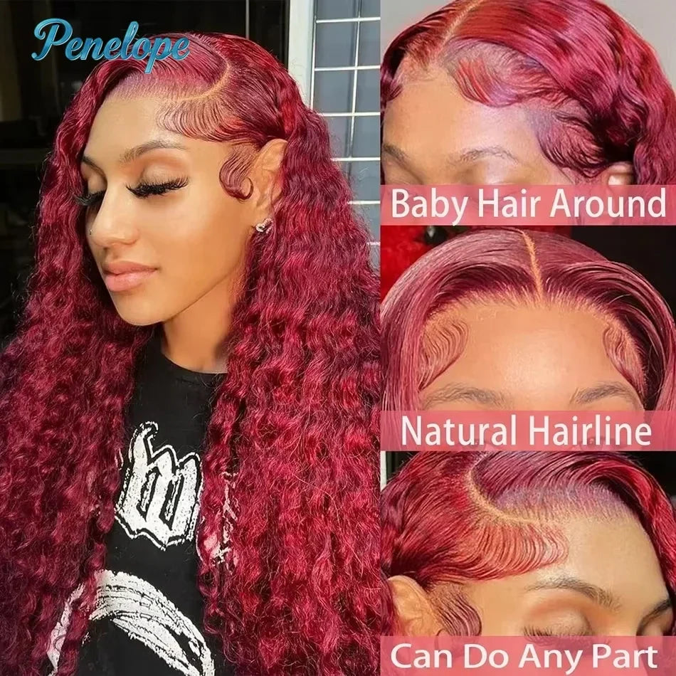 99J Burgundy 200% 13x4 HD Lace Front Wigs Human Hair Wine 30 36 Inch Deep Wave Brazilian Colored Curly 13x6 Lace Frontal Wig