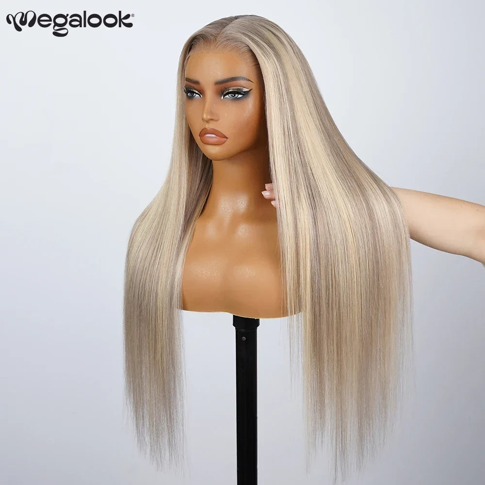 Megalook 13x6 Three-Go Blonde Highlight Glueless Wigs Silky Straight With Drawstring 100% Human Hair Wig